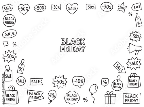  Black Friday vector illustration featuring a variety of sale signs, discount tags, and promotional icons. Elements include percentages, shopping bags, balloons, and gift boxes.
