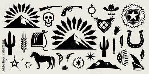 Collection of black silhouette icons representing the american west and cowboy culture