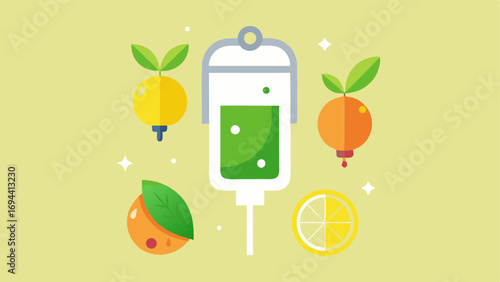 Detoxification Theme A cleansingthemed design featuring a shimmering detoxifying IV bag surrounded by fruits like lemons and cucumbers symbolizing freshness and rejuvenation.