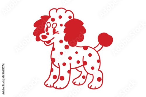 Playful red poodle character winks with joy, displaying its unique spotted fur pattern