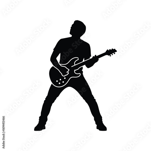 Silhouette musician playing electric guitar performance concert rock star soloist vector