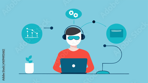 Data Syncing A person sitting at a desk connecting their EEG headset to a laptop via Bluetooth with hovering icons representing data transfer and synchronization for analysis.