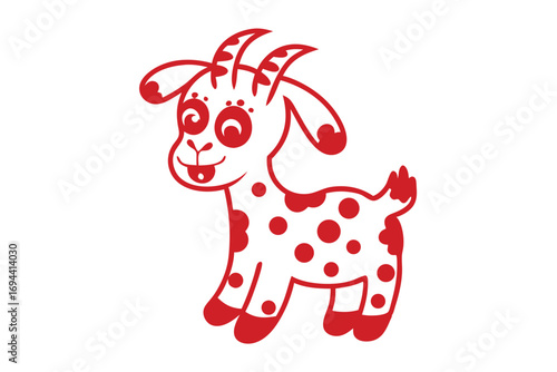 Playful red spotted goat smiles cheerfully while standing on a clean white background