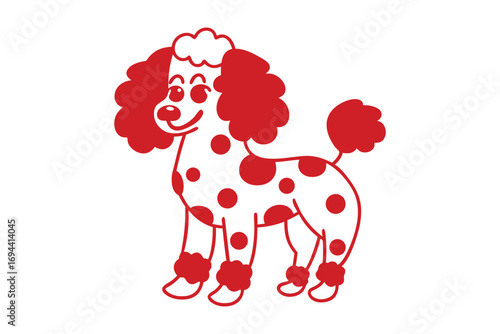 Playful red poodle with delightful polka dots stands cheerfully on a bright white background