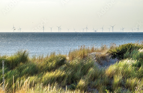 The horizon of Noordwijk beach filled with off shore wind turbines at sunset with upcoming fog