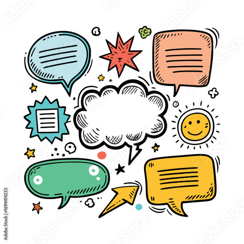 speech bubbles, stars, clouds, and decorative comic elements