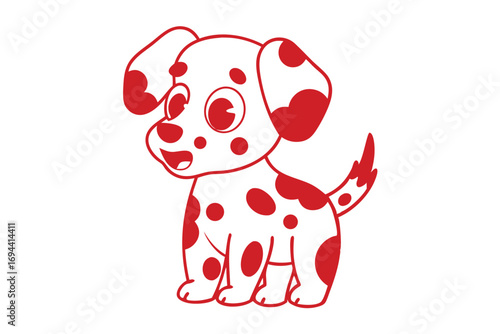 Playful red spotted puppy character smiles brightly on a clean white backdrop