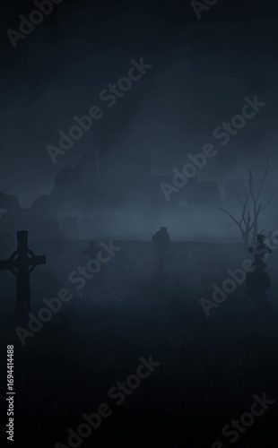 Old abandoned cemetery with tombstones sticking out in all directions, near ancient ruins. Halloween. 3D render