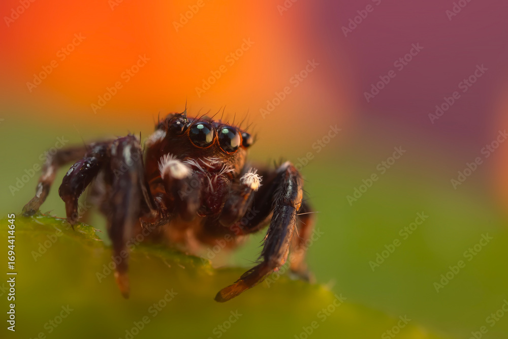 Fototapeta premium Jumping Spider. Colorful nature background. 