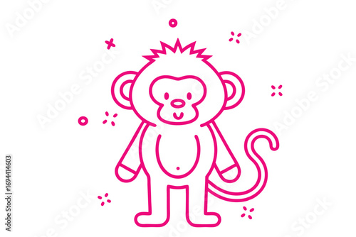 Quirky pink monkey outlined stands joyfully amidst scattered geometric shapes on a white background