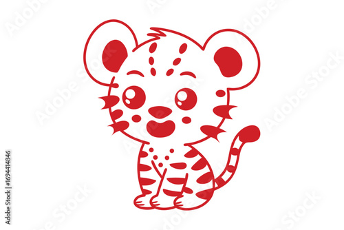 Red adorable cartoon tiger cub gazes forward with a cute and playful expression