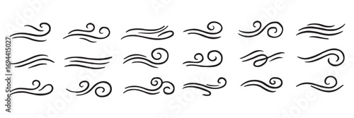 Wind blow line icon. Wind line doodle set. Blue hand drawn wind swirls and gusts. Wind motion lines. Flowing waves. Airflow wind swirl icons. Blue breeze symbol vector set.