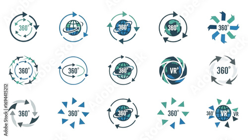 360 Degree View Icons Set | Circular Arrows, Panorama Rotation, Full Rotation Vector Symbols