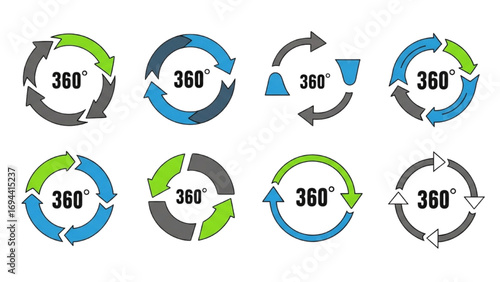 360 Degree View Icons Set | Circular Arrows, Panorama Rotation, Full Rotation Vector Symbols