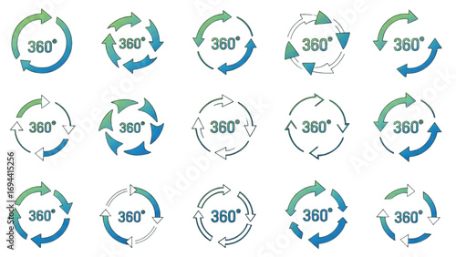 360 Degree View Icons Set | Circular Arrows, Panorama Rotation, Full Rotation Vector Symbols