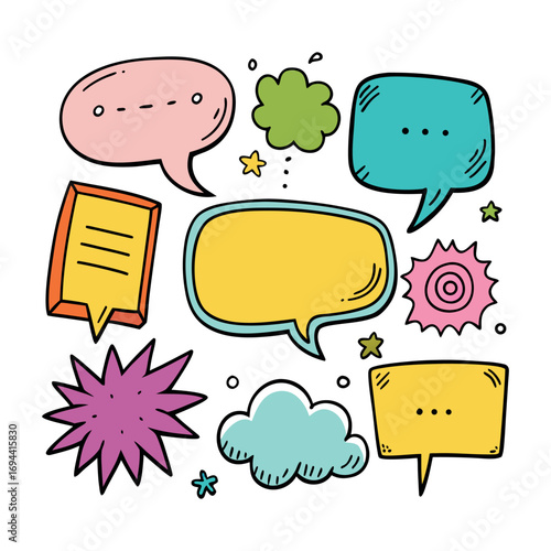 speech bubbles, stars, clouds, and decorative comic elements