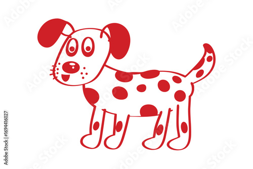 Red cartoon dog happily stands with playful spots against a clean, white background