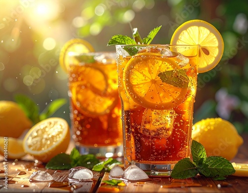 Summer iced lemon tea with fresh mint