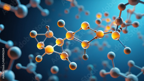 A detailed 3D model of complex molecules, showcasing intricate connections and vibrant orange highlights against a deep blue background.