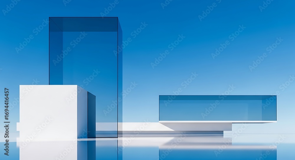 Fototapeta premium Abstract composition of white geometric shapes and translucent blue glass
