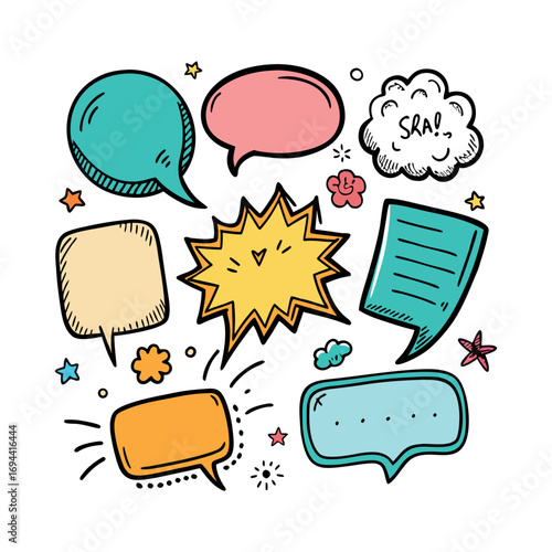 speech bubbles, stars, clouds, and decorative comic elements