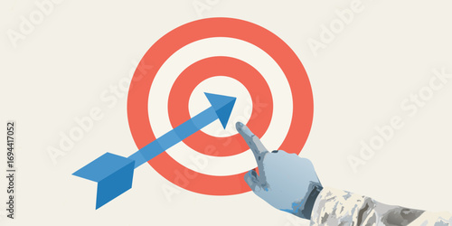 Robotic hand points to the bullseye of a target with a blue arrow indicating success and precision