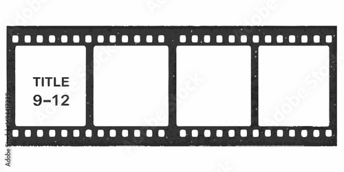 Vintage film strip with four blank frames and title text overlay on first frame