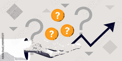 Hand holding coins with question marks above symbolizing financial uncertainty and investment choices