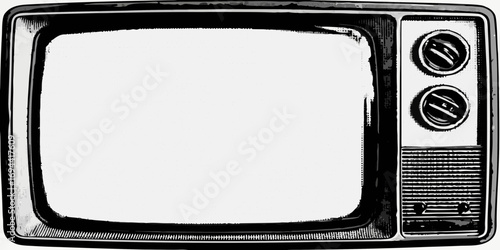 Retro television with blank screen and vintage knobs and speaker grille in black and white illustration