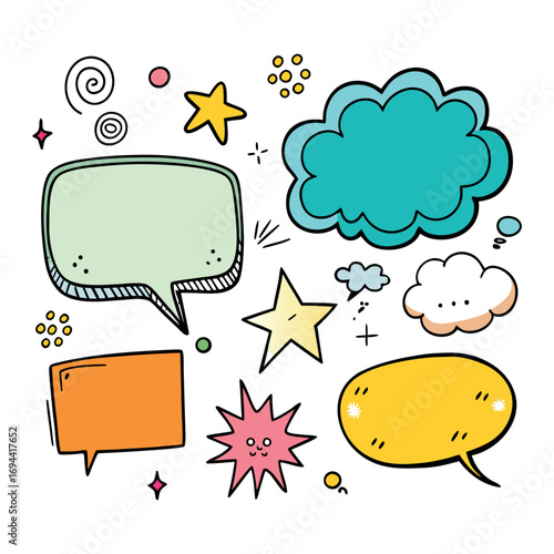 speech bubbles, stars, clouds, and decorative comic elements