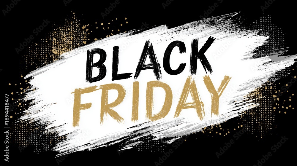 Fototapeta premium Grunge style Black Friday text in black and gold with abstract decorative elements, representing edgy holiday sales, promotional events, festive shopping, creative marketing