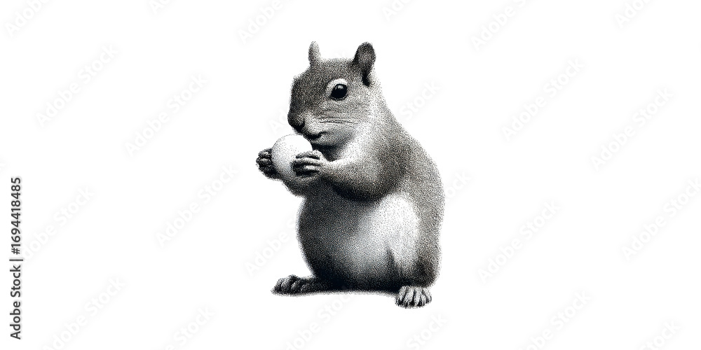 Obraz premium Squirrel Holding Egg In Detailed Dotwork Illustration. Nature And Wildlife Art Isolated On Transparent Background