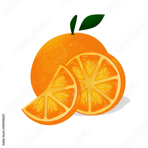Fresh orange fruit with orange slices vector illustration. Healthy diet food that contain vitamin c fruits