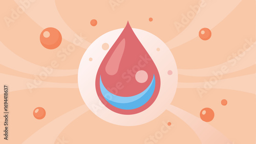 Droplet and Cells An illustration of a large serum droplet hovering above a of vibrant skin cells. The cells are depicted in soft colors with a glowing effect to symbolize
