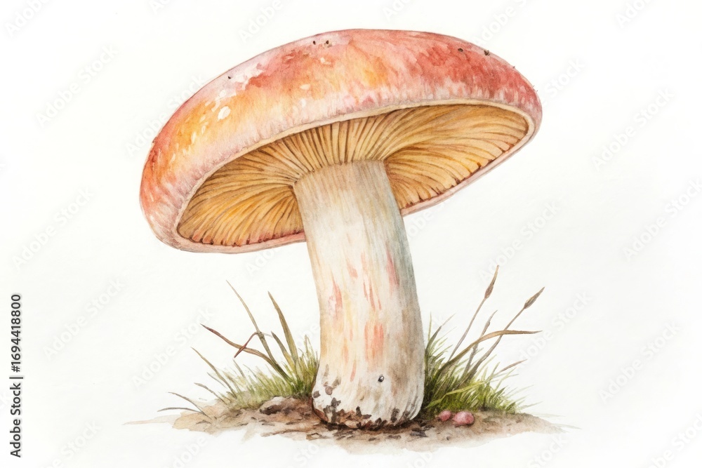 Fototapeta premium Watercolor mushroom with gills and stem surrounded by grass fungus nature