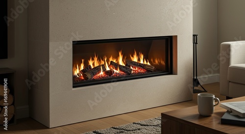 A sleek, built-in electric fireplace with realistic flickering flames and logs creates a cozy and inviting atmosphere in a modern living room.
