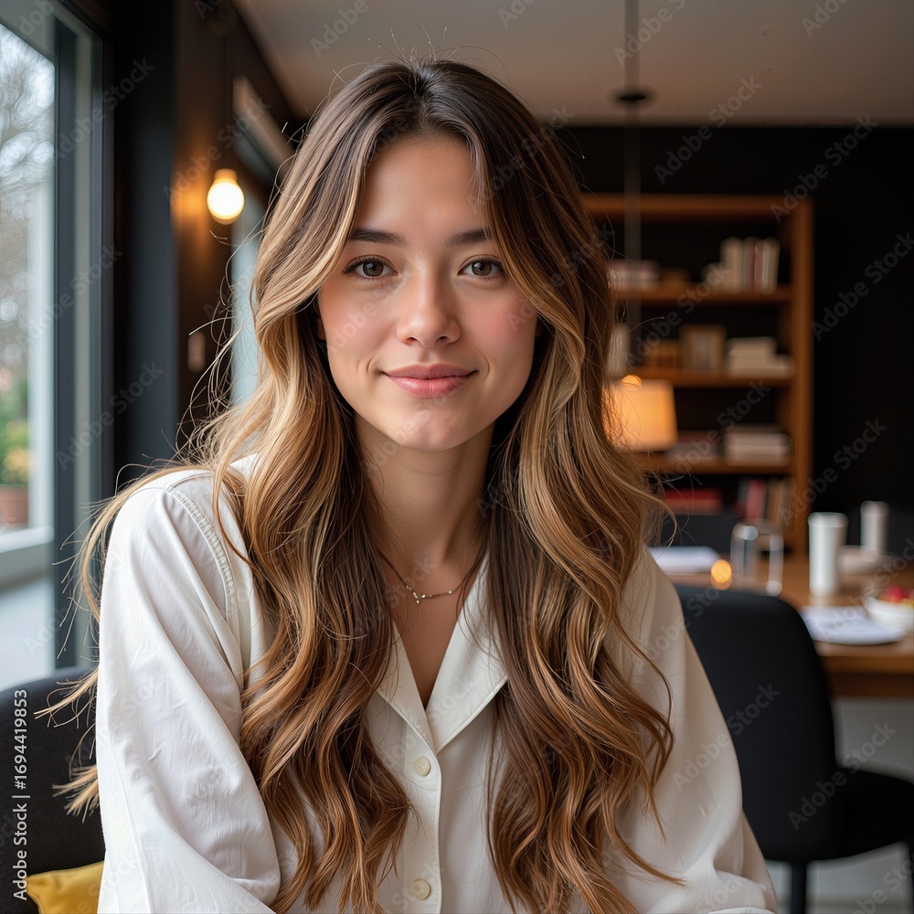 Fototapeta premium Portrait of a Young Woman with Wavy Brown Hair in a Bright Cafe Setting with Bookshelves, Natural Light, Cream Tones.