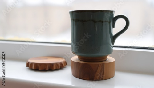Minimalist ceramic mug on wooden coaster beside window