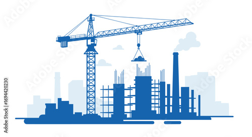 Construction site with cranes building industrial structures development project