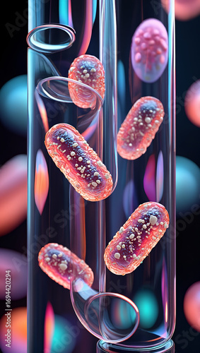 This vibrant 3D image showcases bacteria (likely bacilli) suspended within transparent test tubes.