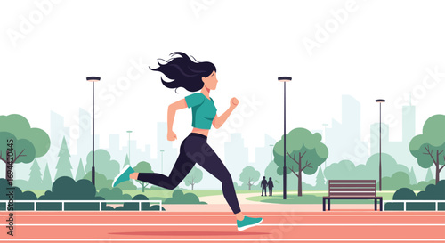Young woman running outdoors on a track in a city park