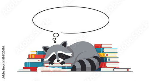 Tired raccoon napping on a pile of books dreaming of adventures