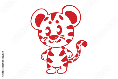 Red cartoonish tiger cub standing with white background, featuring cute design style and playful vibe
