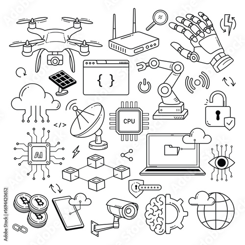 Hand Drawn Technology and Innovation Doodle Icon Set. Vector Illustrations of Robotics, AI, Blockchain, and Digital Concepts