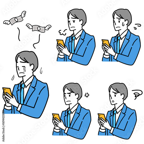 スマホを見て困った表情をしているスーツ姿の若い男性のセット
