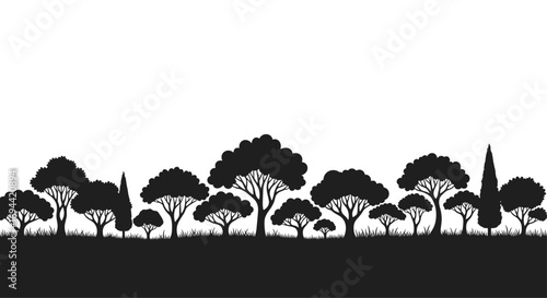 Silhouetted evergreen trees and grass landscape against a white sky