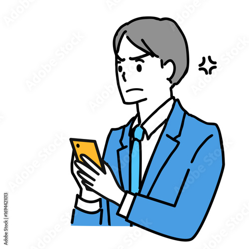 スマホを見て怒る若いスーツの男性のイラスト