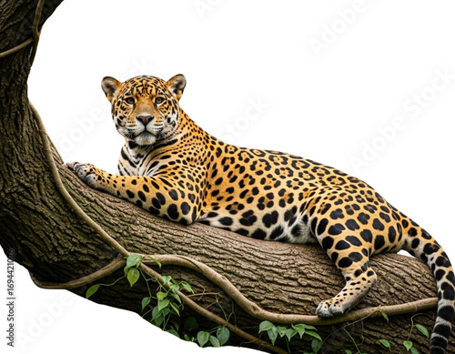 Jaguar Resting on Tree Branch in Tropical Jungle