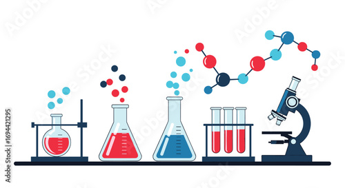 Laboratory equipment and molecular structures illustrating scientific research and discovery