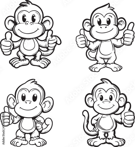 Cute cartoon monkey with thumbs up silhouette simple black and white outline for kids